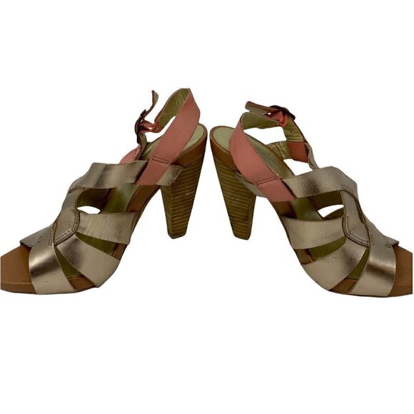 Seychelles Womens Sandal Stacked Heels Shoes Gold Pink Leather Cut Out Buckle 6 - Picture 3 of 10